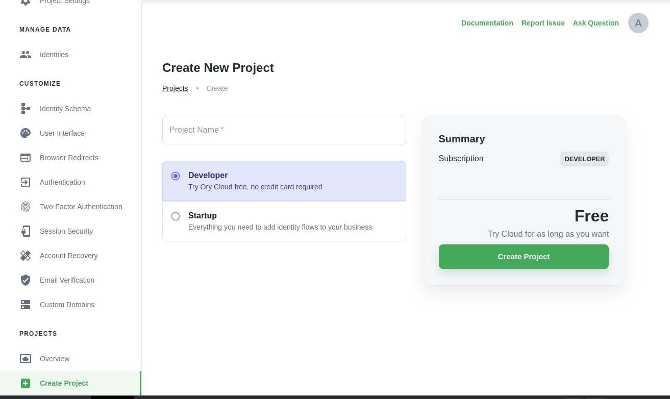 Ory Cloud Project creation screen
